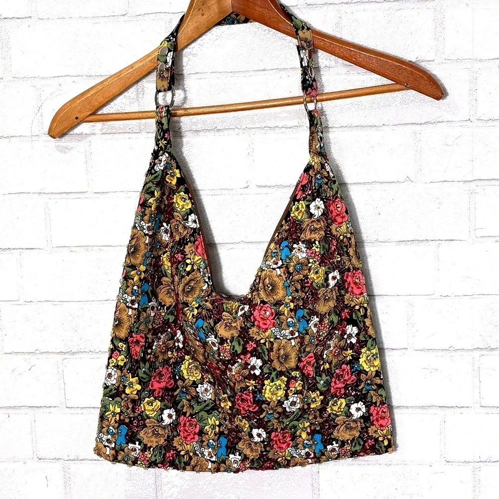 Beaded Floral Hobo Bag Boho Festival Embellished Rave Hippie Statement Y2K Indie